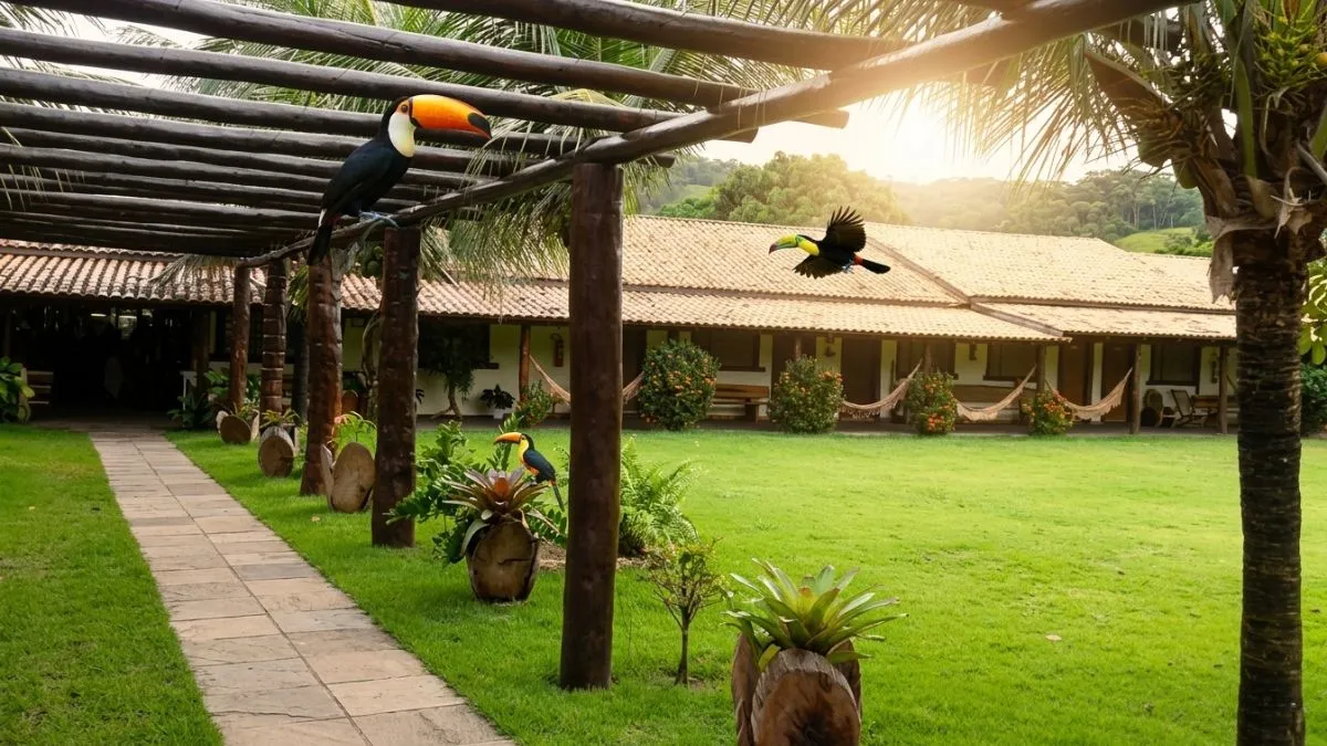 interior de uma das pousadas em Nobres para casal com decoração rústica e vista para a mata