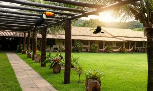 interior de uma das pousadas em Nobres para casal com decoração rústica e vista para a mata