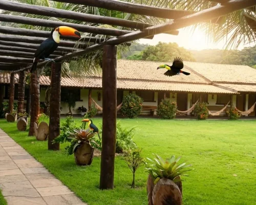 interior de uma das pousadas em Nobres para casal com decoração rústica e vista para a mata