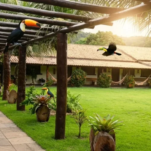 interior de uma das pousadas em Nobres para casal com decoração rústica e vista para a mata