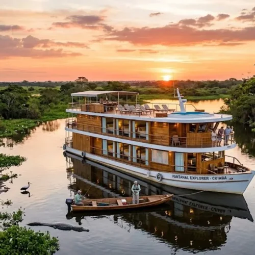 Confira o guia definitivo de Barco hotel Pantanal 2026. Preços, cruzeiros de pesca de luxo, internet Starlink e logística VIP em MT.